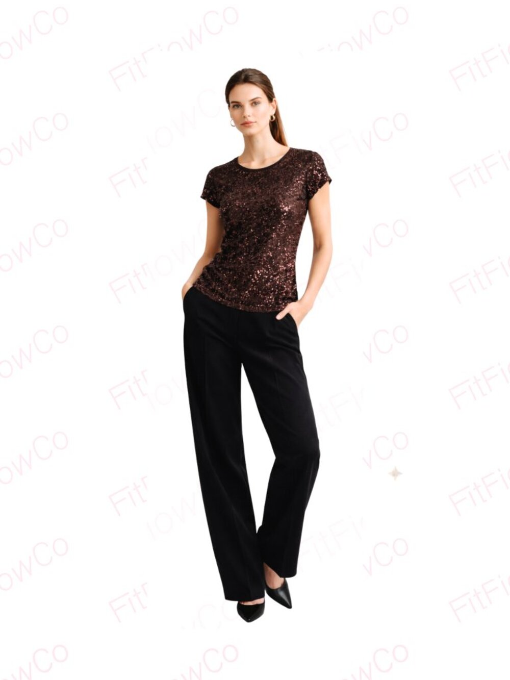INC International Concepts Brown Sequin Top Size M Short Sleeve Sparkle PartyTop